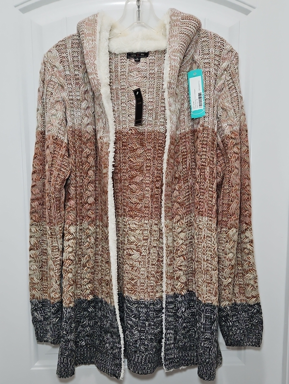 Lety & Me Helsa Sherpa Trim Cardigan Chunky Sweater Knit Hood New Medium Women's